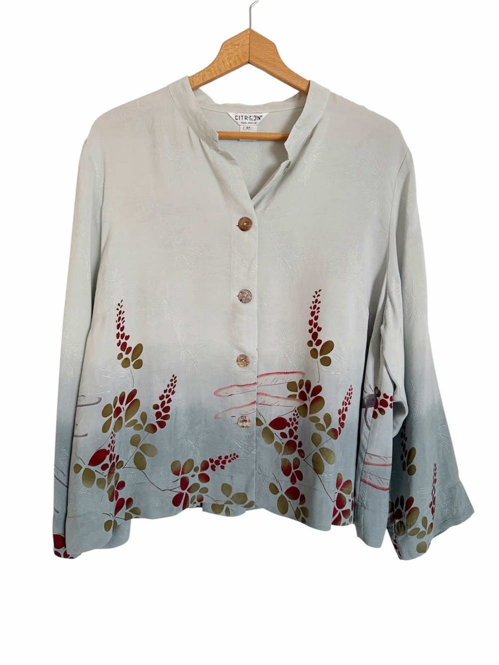 Citron Santa Monica Cupro Botanical Dragonfly Print Button Front Blouse size 2X